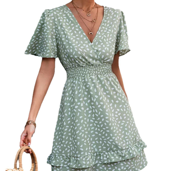 Ženska šifonska haljina s cvjetnim uzorkom i V-izrezom, rukav s listom lotosa, elastičan pojas, kroj A-linije, srednja duljina