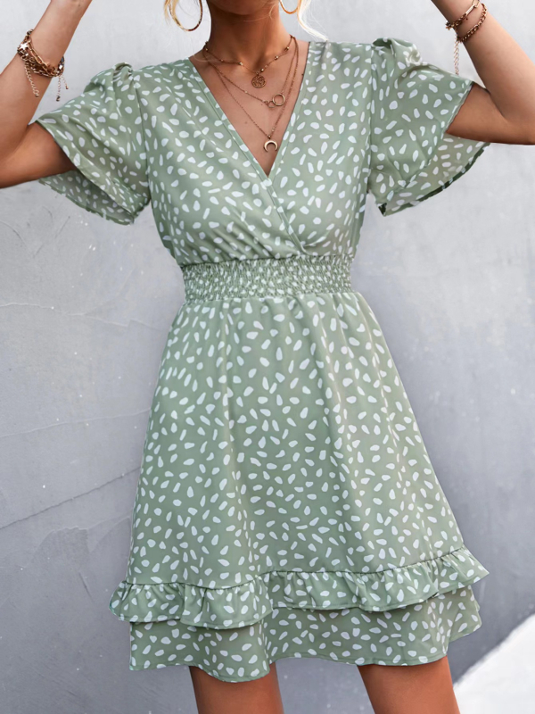 Ženska šifonska haljina s cvjetnim uzorkom i V-izrezom, rukav s listom lotosa, elastičan pojas, kroj A-linije, srednja duljina