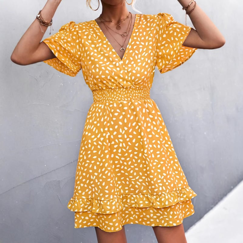 Ženska šifonska haljina s cvjetnim uzorkom i V-izrezom, rukav s listom lotosa, elastičan pojas, kroj A-linije, srednja duljina