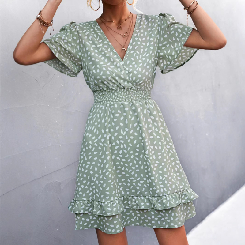 Ženska šifonska haljina s cvjetnim uzorkom i V-izrezom, rukav s listom lotosa, elastičan pojas, kroj A-linije, srednja duljina