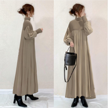 Rochie cu poliester întins, guler înalt, mâneci bufante, croială în A, lungă, stil japonean-coreean inspirat, model monocrom, sezonul de iarnă 2025.