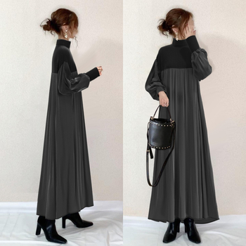 Rochie cu poliester întins, guler înalt, mâneci bufante, croială în A, lungă, stil japonean-coreean inspirat, model monocrom, sezonul de iarnă 2025.