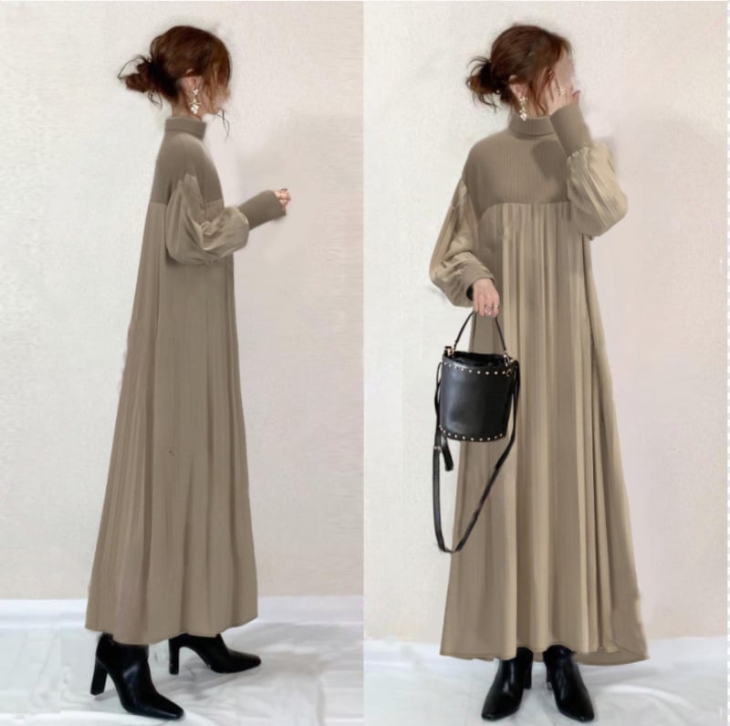 Rochie cu poliester întins, guler înalt, mâneci bufante, croială în A, lungă, stil japonean-coreean inspirat, model monocrom, sezonul de iarnă 2025.