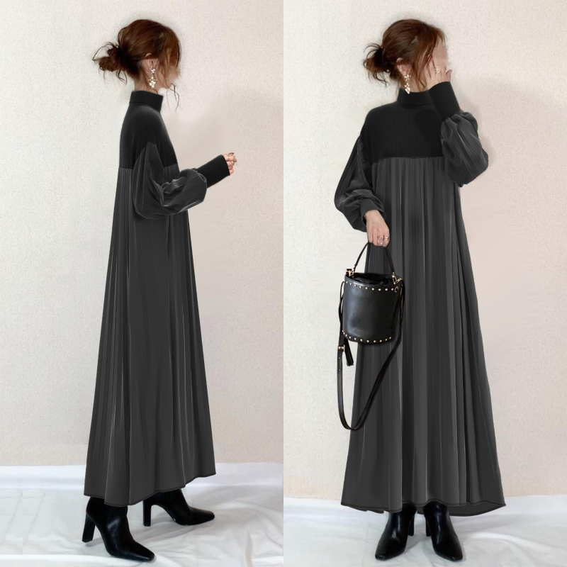 Rochie cu poliester întins, guler înalt, mâneci bufante, croială în A, lungă, stil japonean-coreean inspirat, model monocrom, sezonul de iarnă 2025.