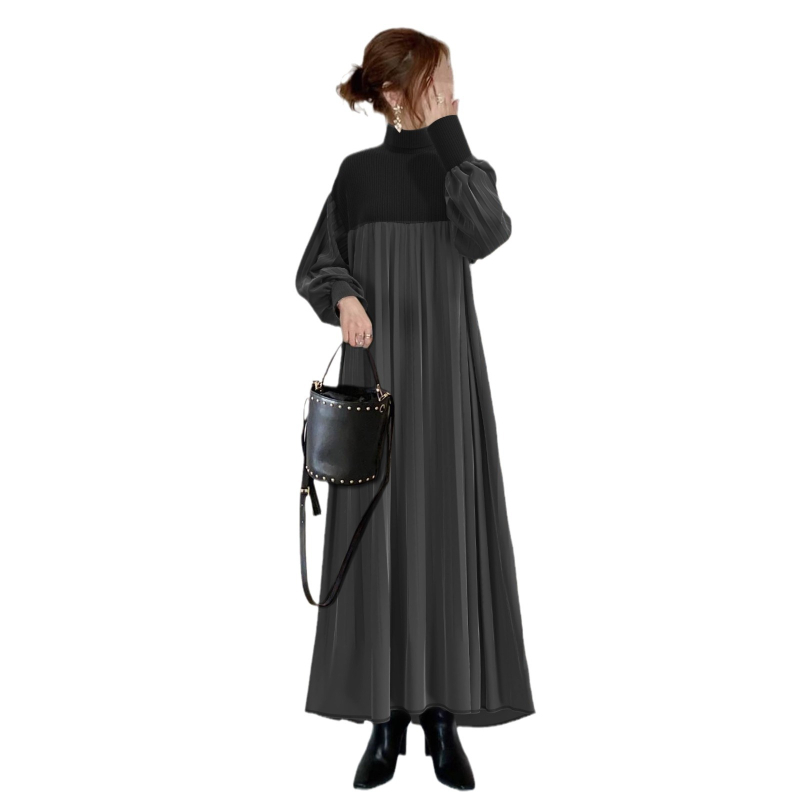 Rochie cu poliester întins, guler înalt, mâneci bufante, croială în A, lungă, stil japonean-coreean inspirat, model monocrom, sezonul de iarnă 2025.