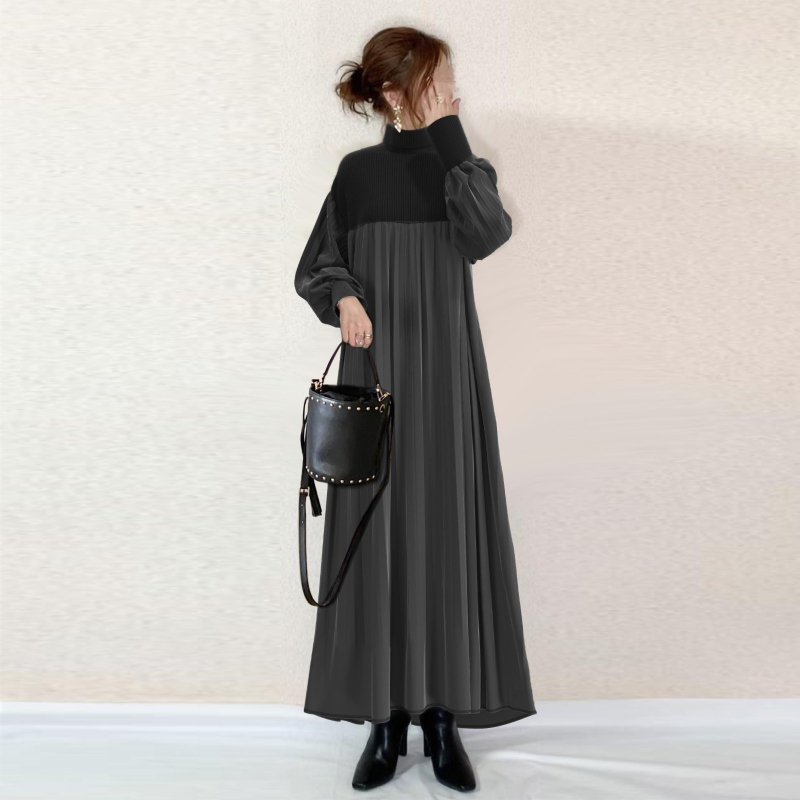 Rochie cu poliester întins, guler înalt, mâneci bufante, croială în A, lungă, stil japonean-coreean inspirat, model monocrom, sezonul de iarnă 2025.