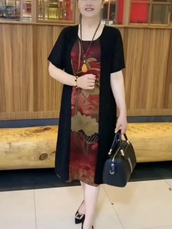 Rochie de vară pentru mamă cu iluzie de două piese, croială lejeră de înaltă clasă, imprimeu, material principal: Other 80–90%, material secundar: Other 80–90%, vară 2024