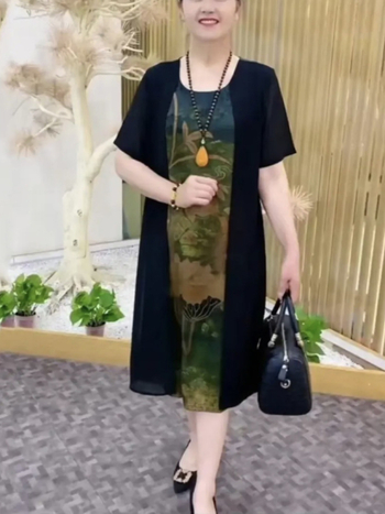 Rochie de vară pentru mamă cu iluzie de două piese, croială lejeră de înaltă clasă, imprimeu, material principal: Other 80–90%, material secundar: Other 80–90%, vară 2024