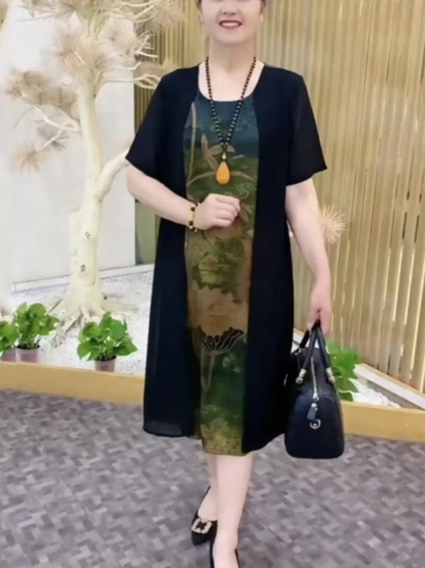 Rochie de vară pentru mamă cu iluzie de două piese, croială lejeră de înaltă clasă, imprimeu, material principal: Other 80–90%, material secundar: Other 80–90%, vară 2024