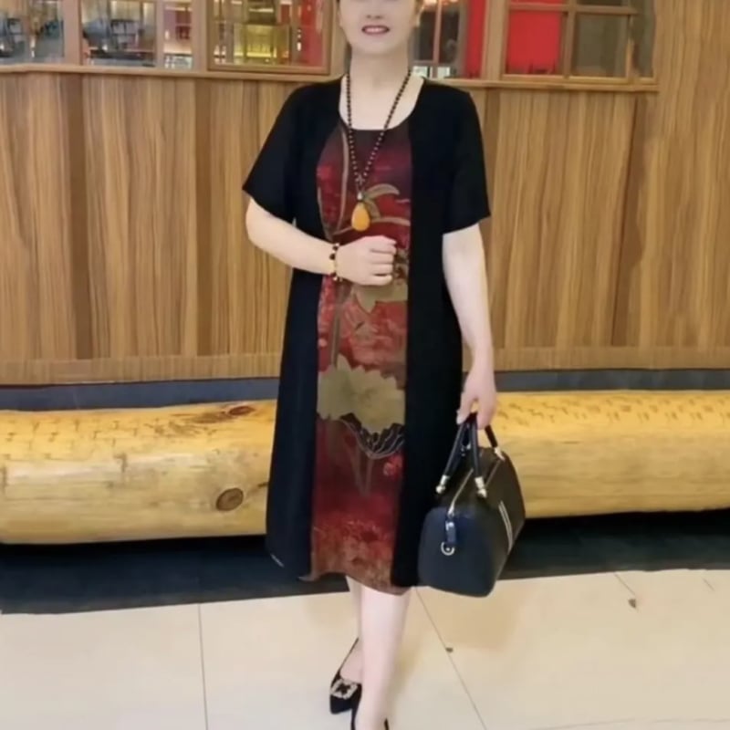 Rochie de vară pentru mamă cu iluzie de două piese, croială lejeră de înaltă clasă, imprimeu, material principal: Other 80–90%, material secundar: Other 80–90%, vară 2024