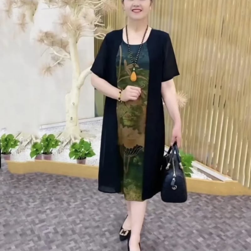 Rochie de vară pentru mamă cu iluzie de două piese, croială lejeră de înaltă clasă, imprimeu, material principal: Other 80–90%, material secundar: Other 80–90%, vară 2024