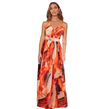 Pletena haljina s naramenicama, retro otisak, duga haljina s visokim strukom