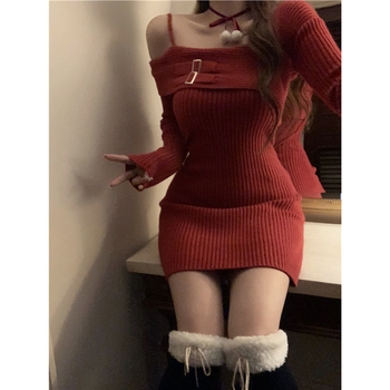 Rochie tricotată pe un umăr, stil chinezesc, retro literar (Primăvara 2025; țesătură TR; PVC ≤30%; stil chinezesc; retro literar)