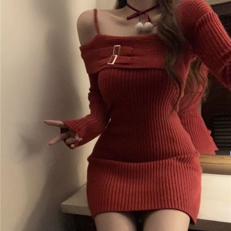 Rochie tricotată pe un umăr, stil chinezesc, retro literar (Primăvara 2025; țesătură TR; PVC ≤30%; stil chinezesc; retro literar)