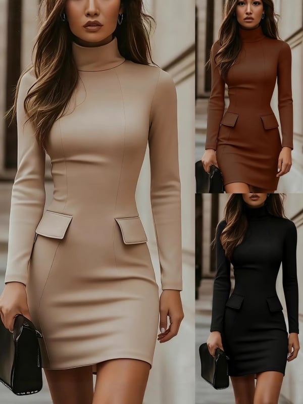 Pletena haljina s dugim rukavima, polu-visoki ovratnik, elastičan pojas, srednja duljina, zatvarač; materijal: poliester s elastanom.