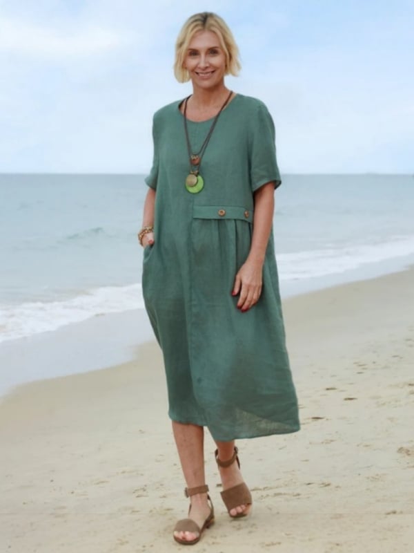 Haljina od pamuka i lana, srednje duljine, patchwork dizajn, okrugli vrat, kratki rukavi