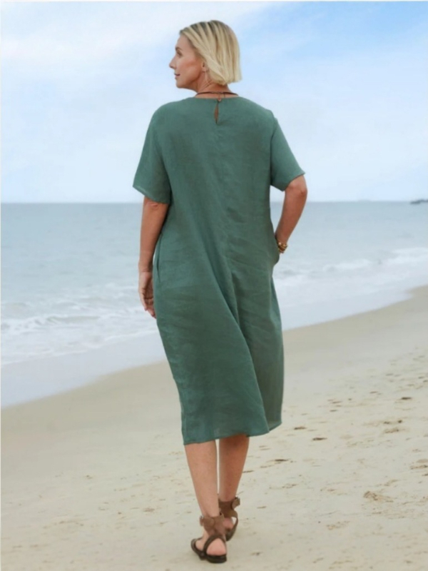 Haljina od pamuka i lana, srednje duljine, patchwork dizajn, okrugli vrat, kratki rukavi