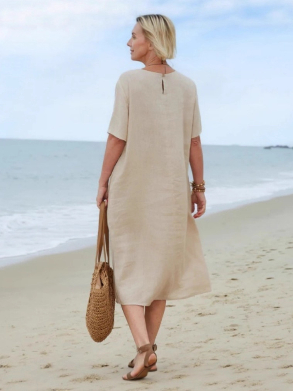 Haljina od pamuka i lana, srednje duljine, patchwork dizajn, okrugli vrat, kratki rukavi