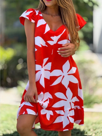 V-nyakú A-vonalú nyomott ruha, poliészter-spandex anyagból, rövid ujjú