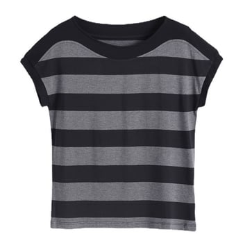 Женска тениска с свободен силует, райета, къс ръкав, кръгло деколте, полиестер, печат