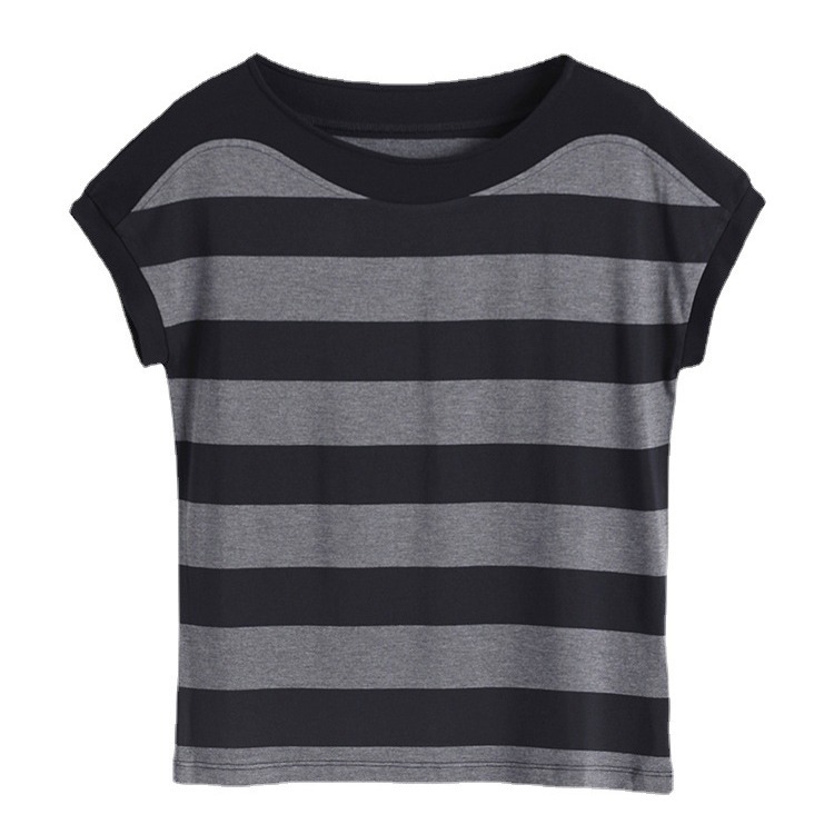 Женска тениска с свободен силует, райета, къс ръкав, кръгло деколте, полиестер, печат