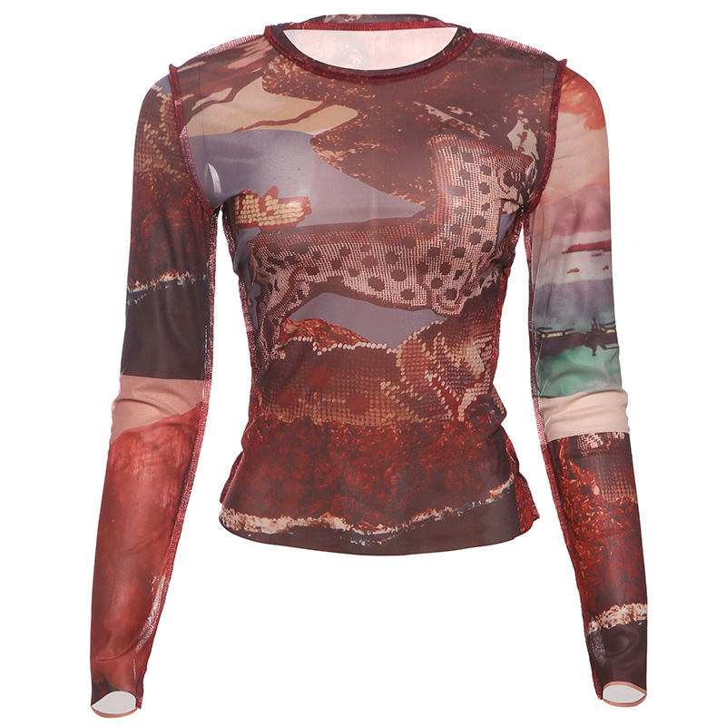 Majica s mrežastim materijalom, apstraktni otisak, dugi rukav, polu-visoki ovratnik, ulično-hipster stil