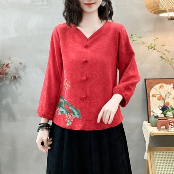 Пролет 2025 дамска блуза от памук и лен, свободна кройка, V-образно деколте, ръкав 3/4, дишаща с бродерия, етно стил и литературно ретро, дължина 50–65 cm, основен материал: памук (≤30%)