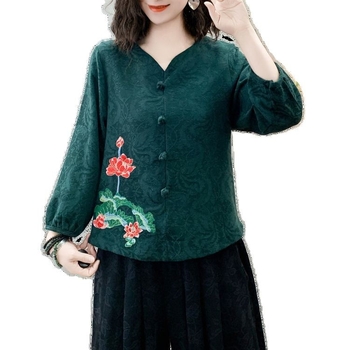 Пролет 2025 дамска блуза от памук и лен, свободна кройка, V-образно деколте, ръкав 3/4, дишаща с бродерия, етно стил и литературно ретро, дължина 50–65 cm, основен материал: памук (≤30%)