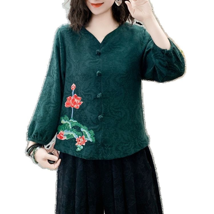 Пролет 2025 дамска блуза от памук и лен, свободна кройка, V-образно деколте, ръкав 3/4, дишаща с бродерия, етно стил и литературно ретро, дължина 50–65 cm, основен материал: памук (≤30%)