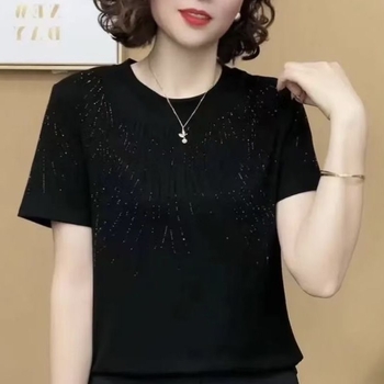Дамска полиестерна тениска с къс ръкав, кръгла яка, casual стил, украса с кристали в духа на японския и корейския дизайн