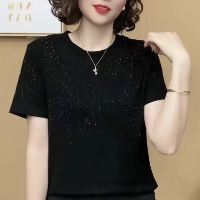 Дамска полиестерна тениска с къс ръкав, кръгла яка, casual стил, украса с кристали в духа на японския и корейския дизайн