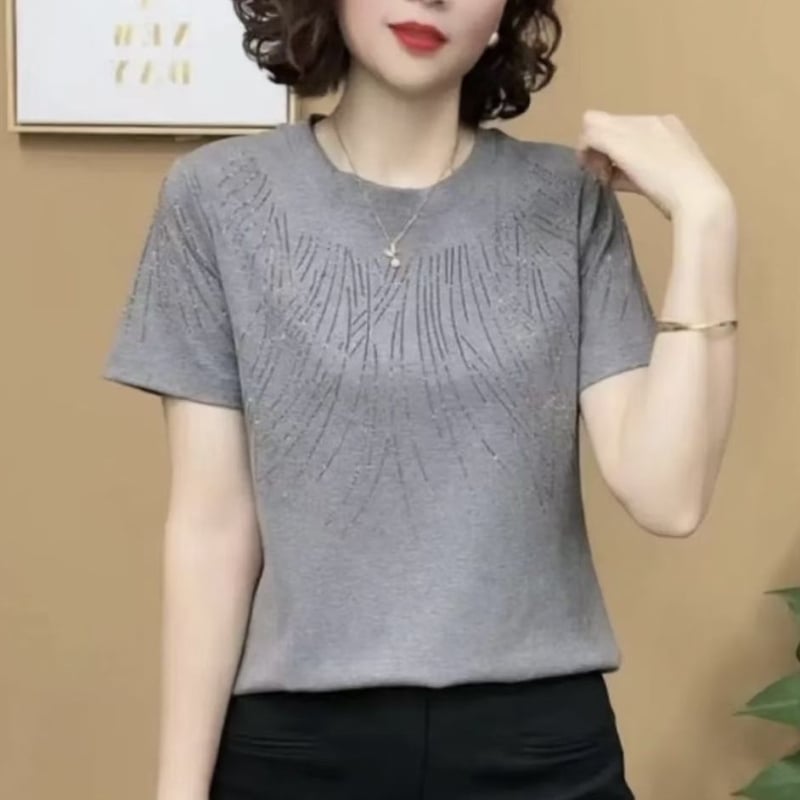 Дамска полиестерна тениска с къс ръкав, кръгла яка, casual стил, украса с кристали в духа на японския и корейския дизайн