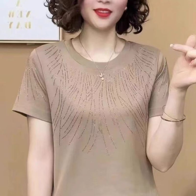 Дамска полиестерна тениска с къс ръкав, кръгла яка, casual стил, украса с кристали в духа на японския и корейския дизайн