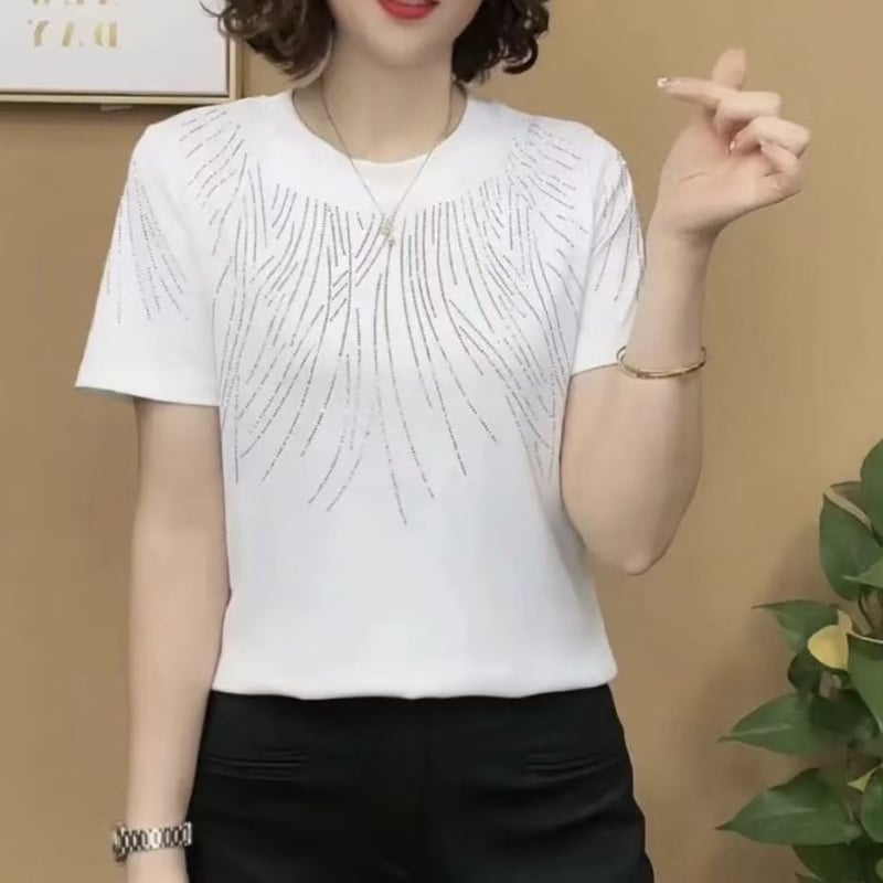 Дамска полиестерна тениска с къс ръкав, кръгла яка, casual стил, украса с кристали в духа на японския и корейския дизайн