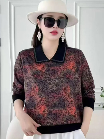 Дамска тениска с дълги ръкави и поло яка, принт на растения, 50–70% полиестерова смес, дължина 50–65 см