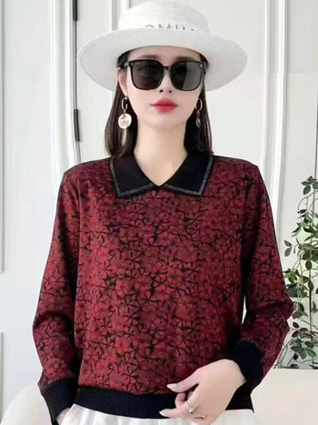 Дамска тениска с дълги ръкави и поло яка, принт на растения, 50–70% полиестерова смес, дължина 50–65 см