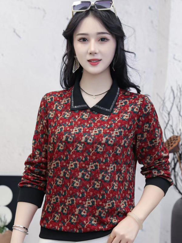 Дамска тениска с дълги ръкави и поло яка, принт на растения, 50–70% полиестерова смес, дължина 50–65 см