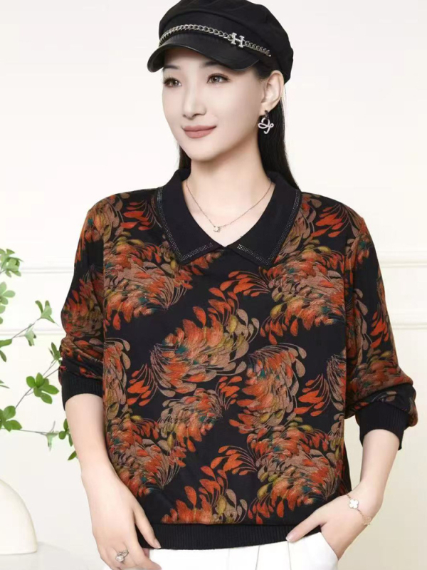 Дамска тениска с дълги ръкави и поло яка, принт на растения, 50–70% полиестерова смес, дължина 50–65 см