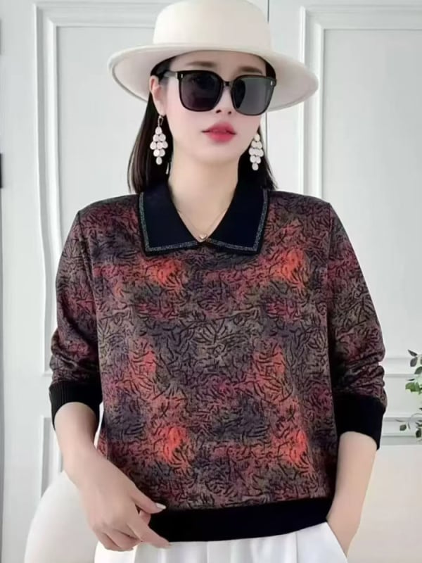 Дамска тениска с дълги ръкави и поло яка, принт на растения, 50–70% полиестерова смес, дължина 50–65 см