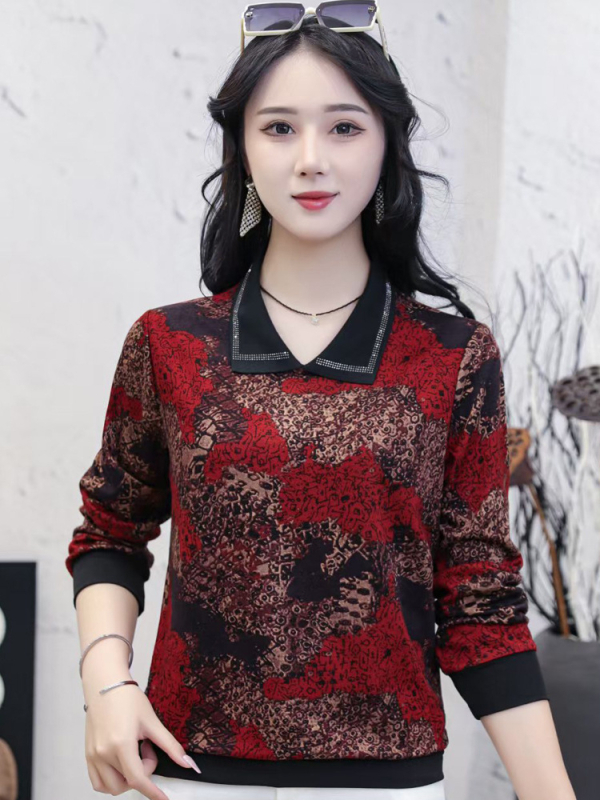 Дамска тениска с дълги ръкави и поло яка, принт на растения, 50–70% полиестерова смес, дължина 50–65 см