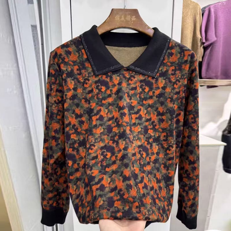 Дамска тениска с дълги ръкави и поло яка, принт на растения, 50–70% полиестерова смес, дължина 50–65 см