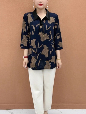 Свободна кройка Геометричен принт Т-шърт с поло яка, 3/4 ръкави, полиестерна материя