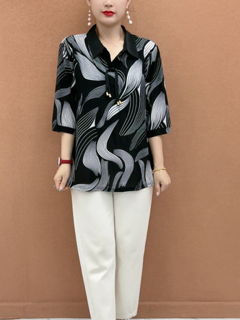 Свободна кройка Геометричен принт Т-шърт с поло яка, 3/4 ръкави, полиестерна материя