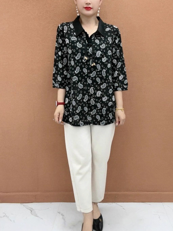 Свободна кройка Геометричен принт Т-шърт с поло яка, 3/4 ръкави, полиестерна материя