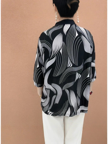 Свободна кройка Геометричен принт Т-шърт с поло яка, 3/4 ръкави, полиестерна материя