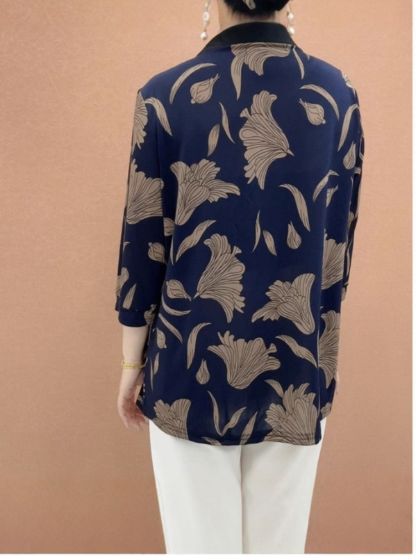 Свободна кройка Геометричен принт Т-шърт с поло яка, 3/4 ръкави, полиестерна материя