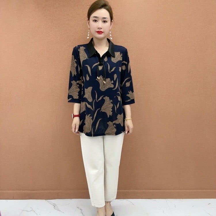 Свободна кройка Геометричен принт Т-шърт с поло яка, 3/4 ръкави, полиестерна материя