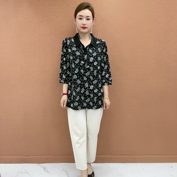 Свободна кройка Геометричен принт Т-шърт с поло яка, 3/4 ръкави, полиестерна материя