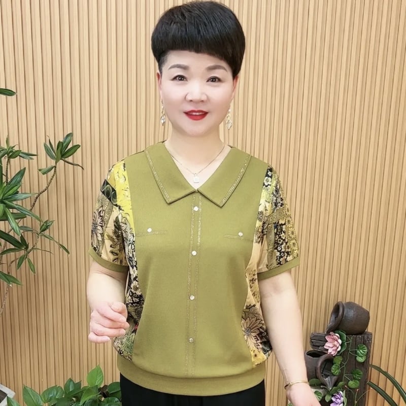 Дамска Ice Silk тениска с къс ръкав и поло яка, свободен силует за покриване на корема, елегантен стил, 50–70% полиестер