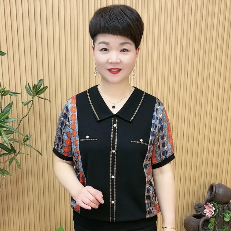 Дамска Ice Silk тениска с къс ръкав и поло яка, свободен силует за покриване на корема, елегантен стил, 50–70% полиестер